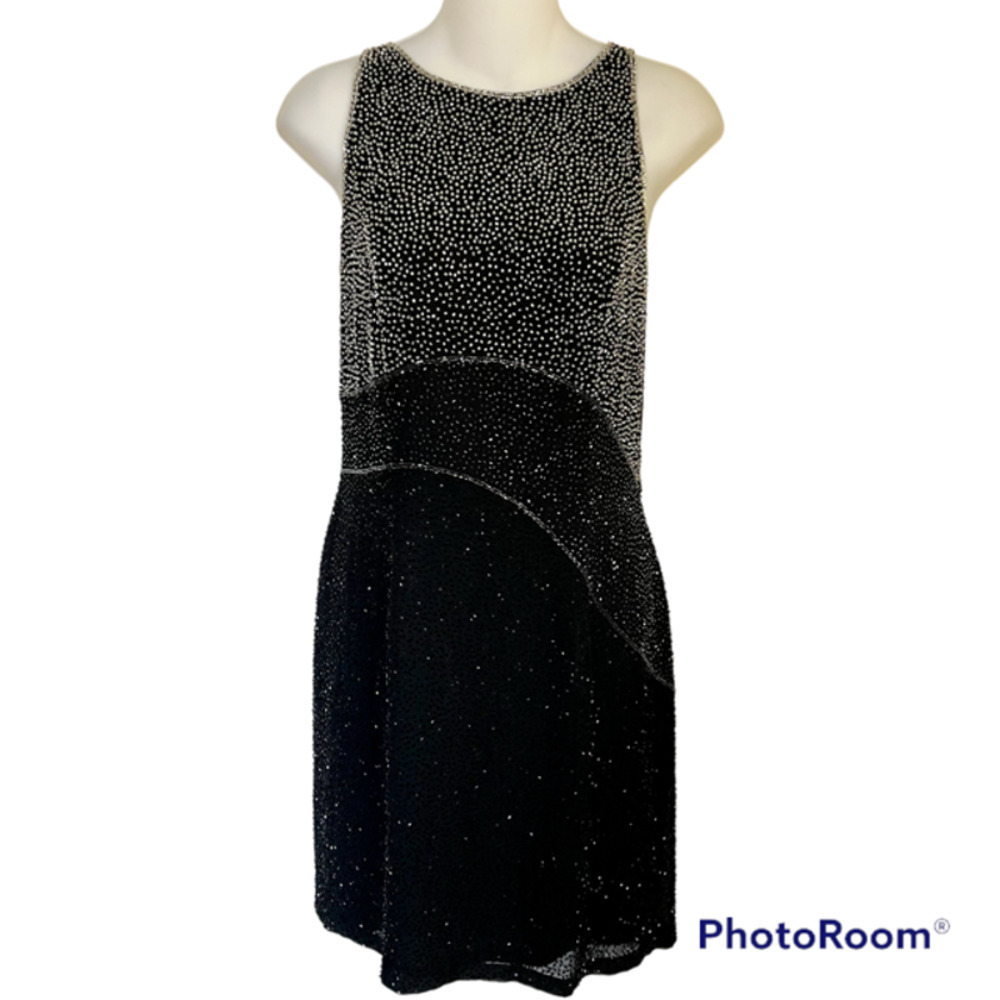 Vintage CACHE ALL OVER GLASS BEADED BLACK & SILVER SHEATH DRESS SIZE 6